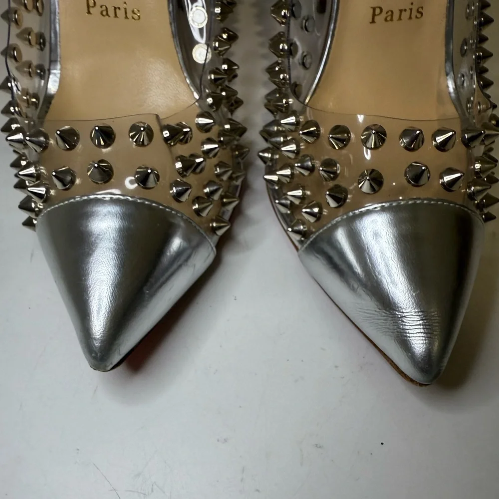 Christian Louboutin Metallic Silver Gloss Clear PVC Spike Me 100 Pumps Size 39